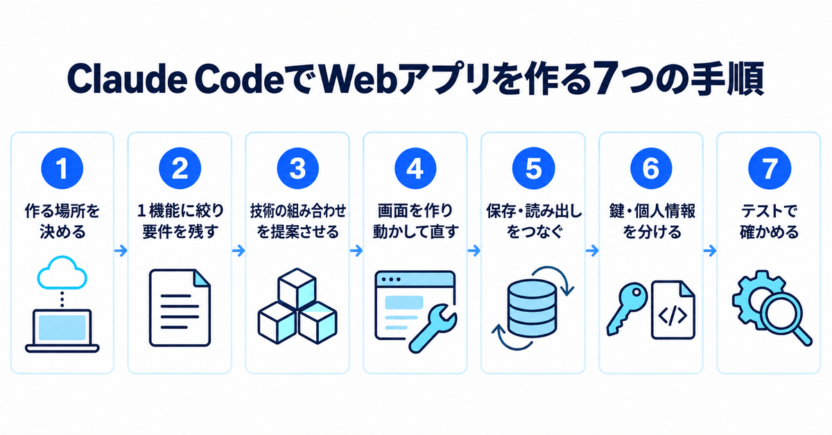 Claude CodeでWebアプリを作る7つの手順(作る場所を決める・要件を残す・技術を提案させる・画面から作る・保存と読み出し・鍵の分離・テスト)を示すプロセスフロー図