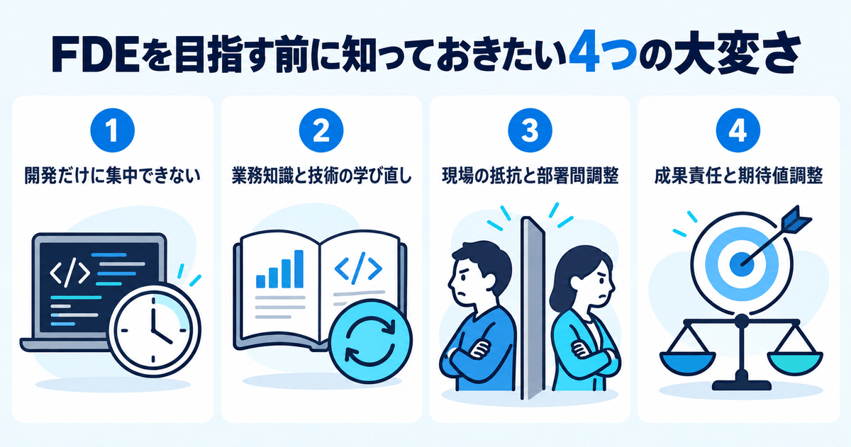 FDEを目指す前に知っておきたい4つの大変さをまとめた図