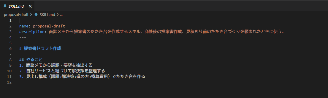 SKILL.mdにフロントマターと本文（やること）まで書き終えた状態のエディタ画面