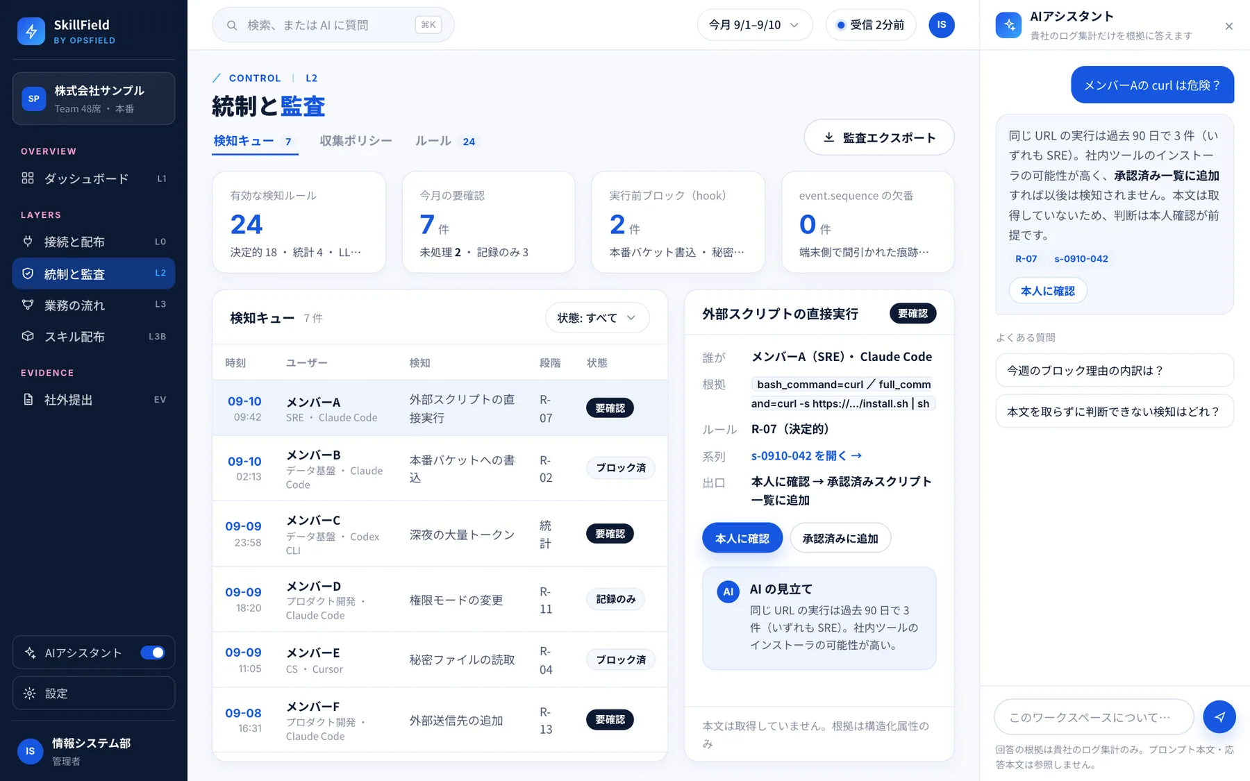 統制と監査の画面（開発中）。検知した操作の一覧と、その根拠・次の対応が並ぶ